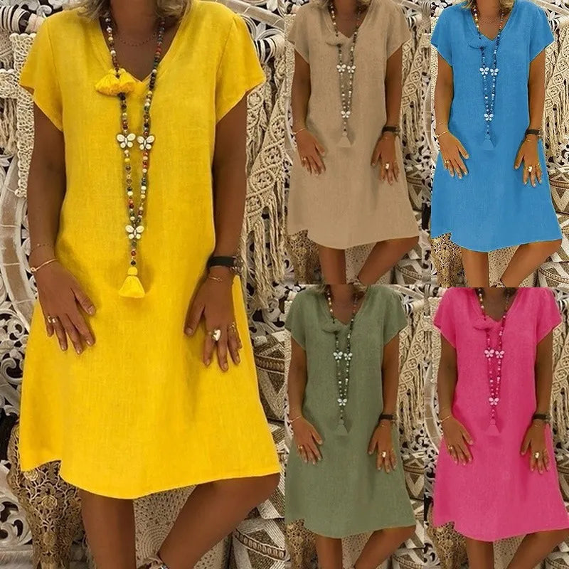 Summer 2023 Short Sleeve V-Neck Boho Cotton Linen Dress