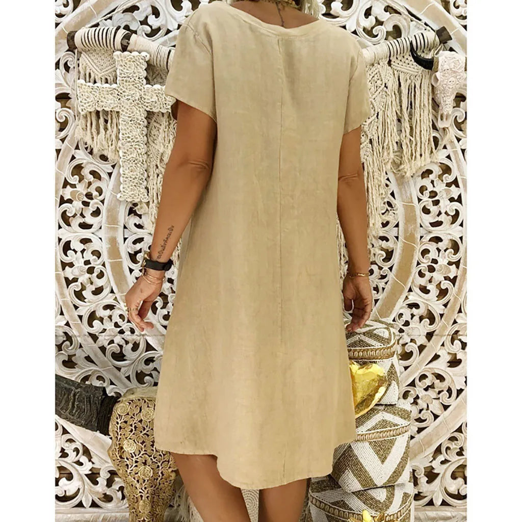 Summer 2023 Short Sleeve V-Neck Boho Cotton Linen Dress