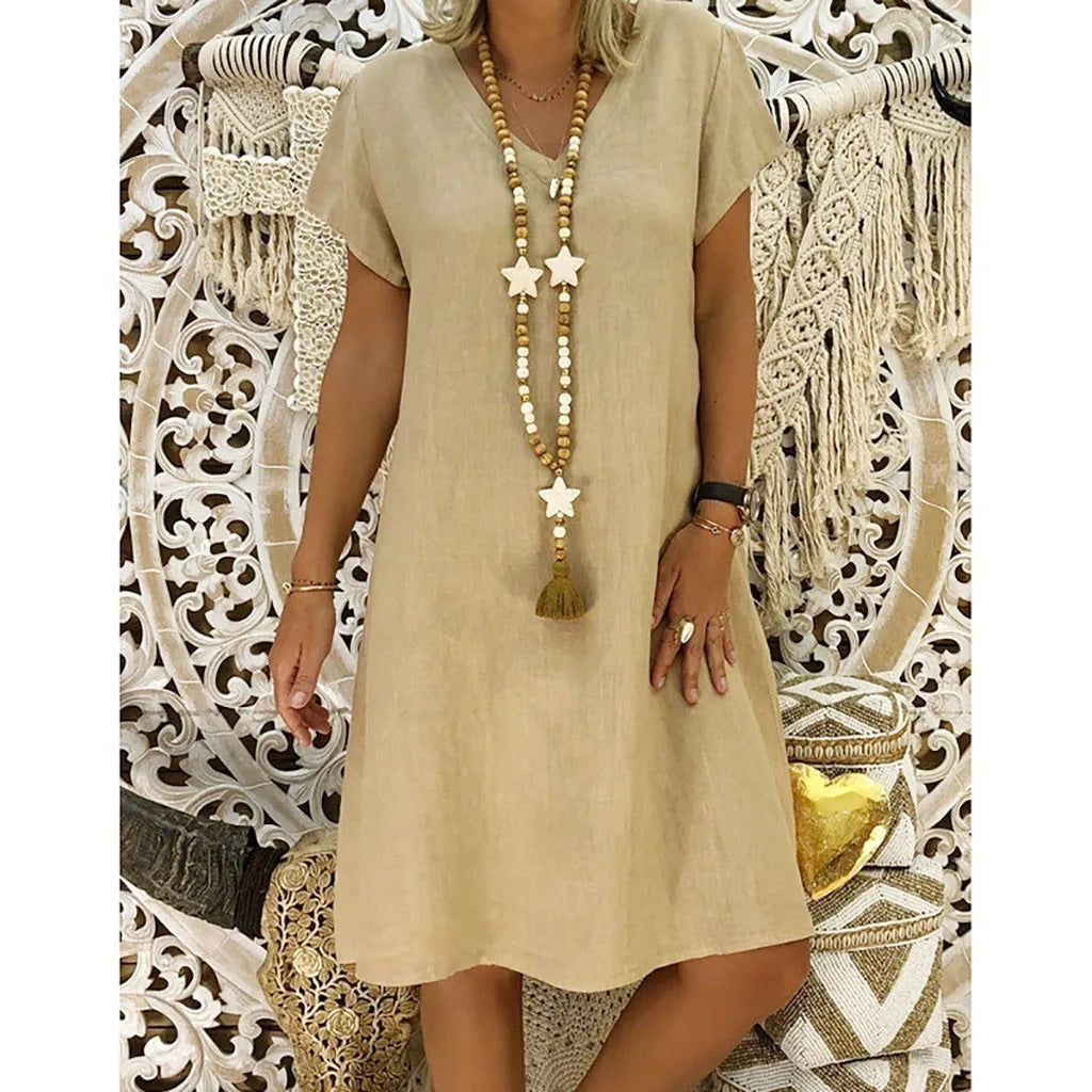 Summer 2023 Short Sleeve V-Neck Boho Cotton Linen Dress