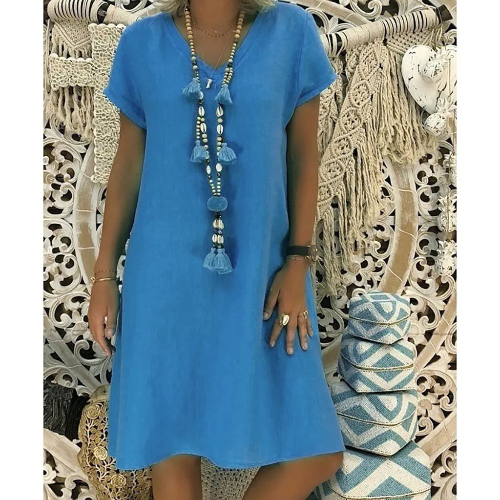 Summer 2023 Short Sleeve V-Neck Boho Cotton Linen Dress