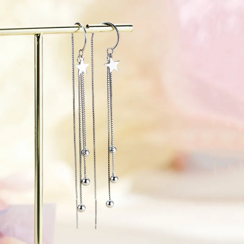 Silver Color Five-pointed Star Drop Earrings