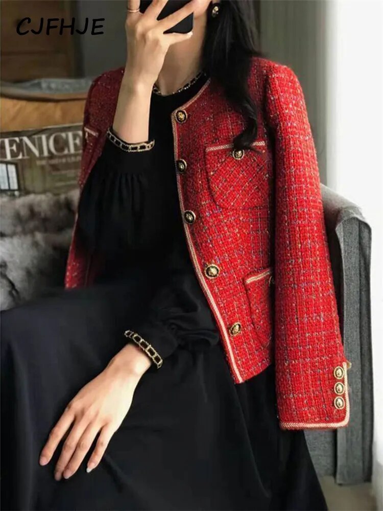 New Autumn Winter Loose O-Neck Single-Red Breasted Tweed Blazers