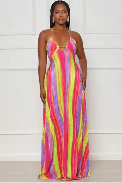 Rainbow Striped Printed Strapless Sleeveless Straight Pleated Maxi Dress