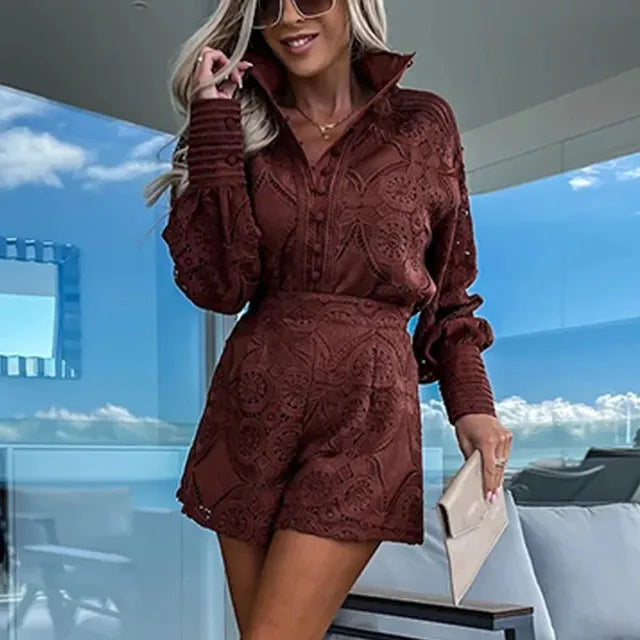 Casual Summer Holiday Long Sleeve Buttoned Shorts Sets