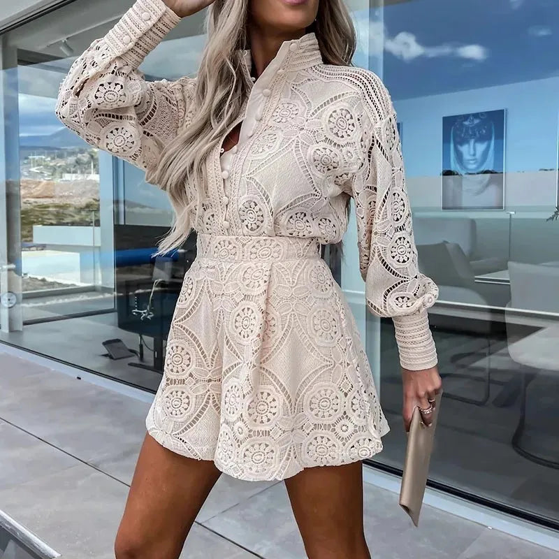 Casual Summer Holiday Long Sleeve Buttoned Shorts Sets