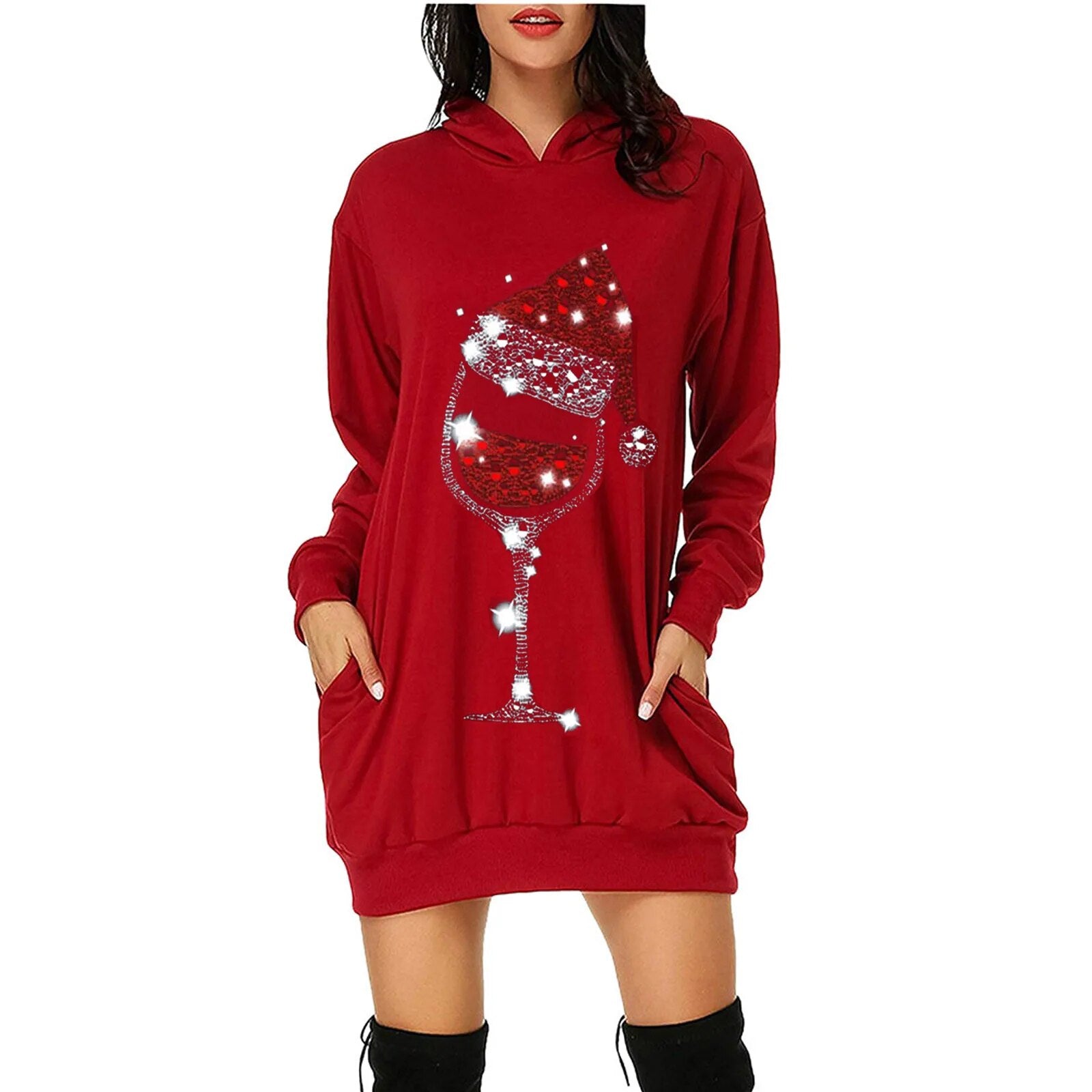 Plus Size Long Sleeve Christmas Casual Hooded Mini Pullover Dress
