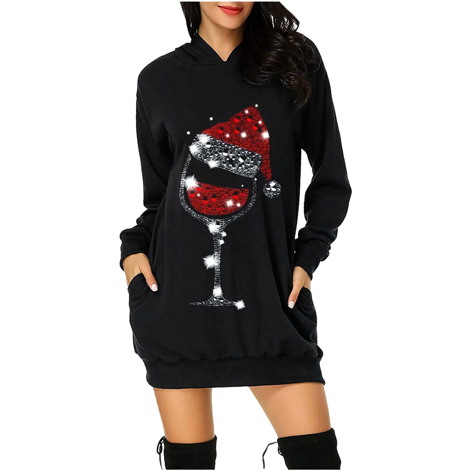 Plus Size Long Sleeve Christmas Casual Hooded Mini Pullover Dress