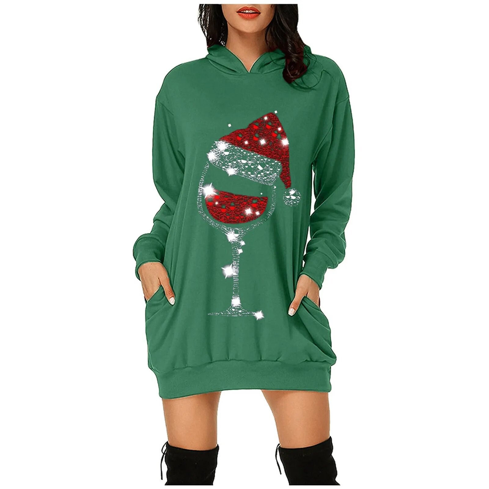 Plus Size Long Sleeve Christmas Casual Hooded Mini Pullover Dress