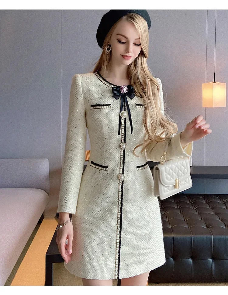 2023 New Autumn and Winter High-Grade French Detachable Bow Long Sleeve Tweed Dress