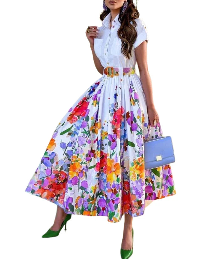 Fashion Elegant Commuting Floral Print Ruched Buttoned Shirt Dress