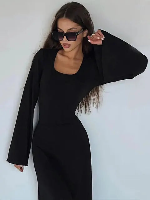 Solid Ribbed Trumpet Sleeves Maxi Dress