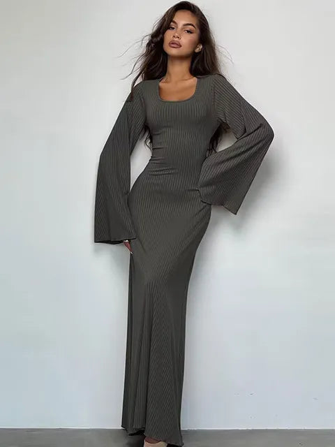 Solid Ribbed Trumpet Sleeves Maxi Dress