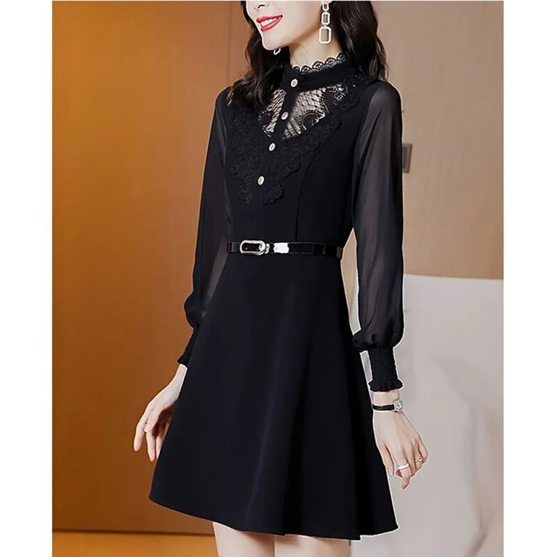 Elegant Ruffles Button Spliced Hollow Out Lace Mini Dress