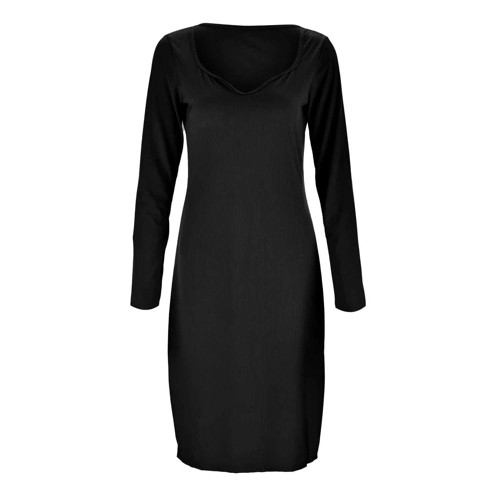 Autumn Winter Elegant Square Collar  Ribbed Knitting Slit Dress