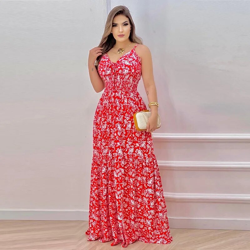 2023 Summer Sexy Hollow Open Back Strap  Flower Print Waist Tie Up Dress