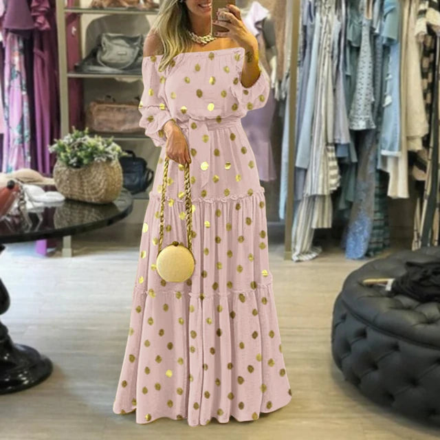 Spring Slash Neck Pleated Boho Lantern Sleeve Backless Maxi Dress