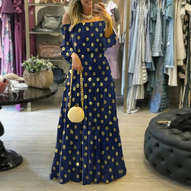 Spring Slash Neck Pleated Boho Lantern Sleeve Backless Maxi Dress