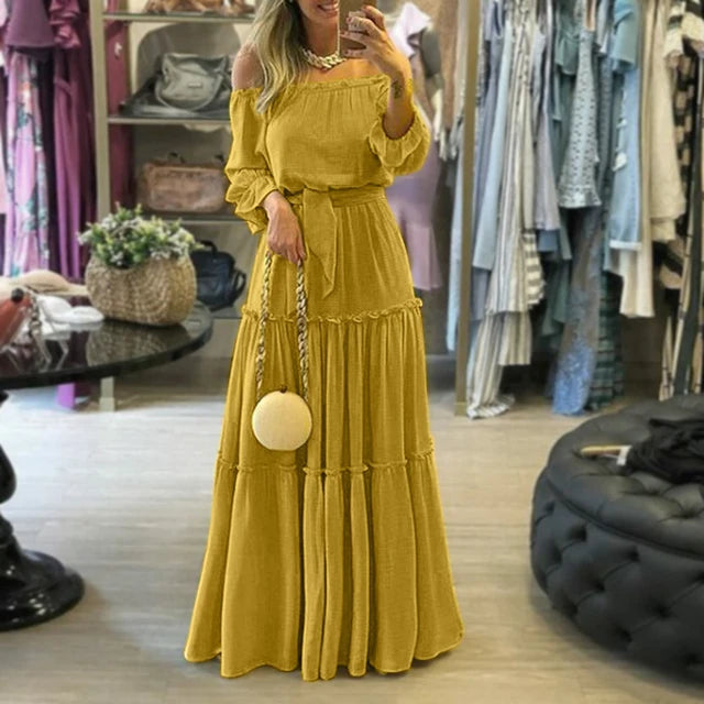 Spring Slash Neck Pleated Boho Lantern Sleeve Backless Maxi Dress