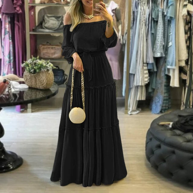 Spring Slash Neck Pleated Boho Lantern Sleeve Backless Maxi Dress