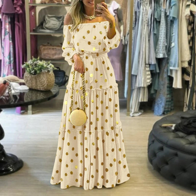 Spring Slash Neck Pleated Boho Lantern Sleeve Backless Maxi Dress