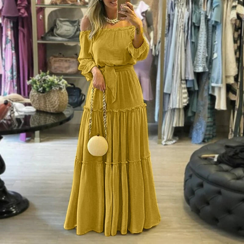 Spring Slash Neck Pleated Boho Lantern Sleeve Backless Maxi Dress