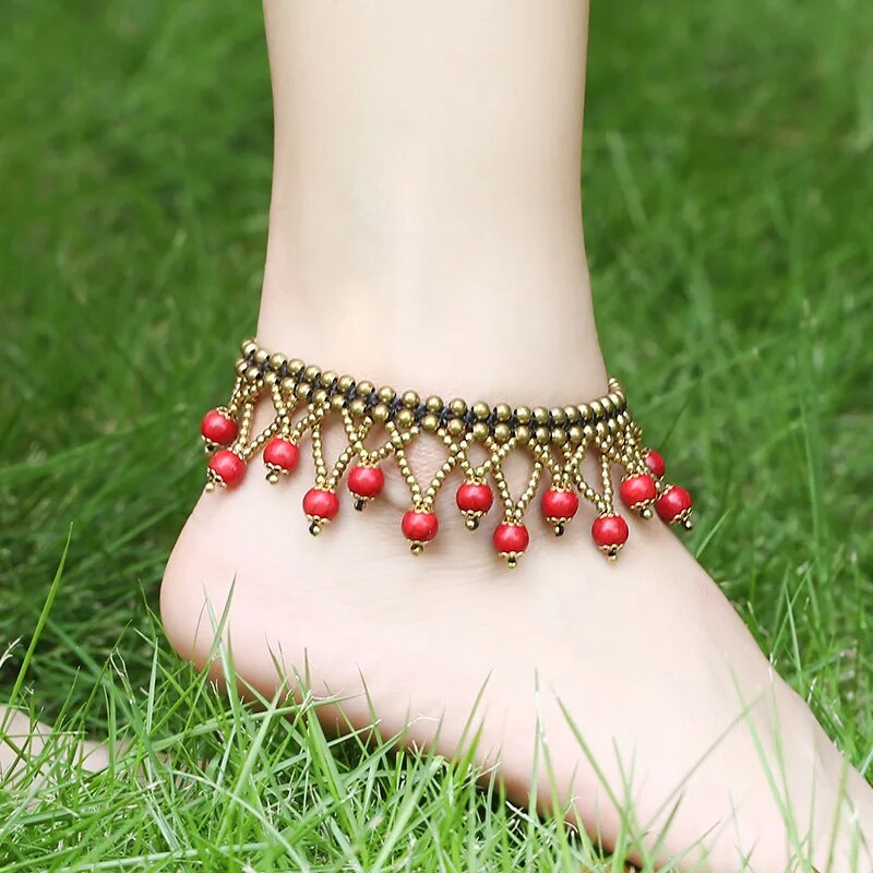 Bohemian Retro Round Beads Semi-precious Stones Hand-woven Beach Holiday Women's Anklet