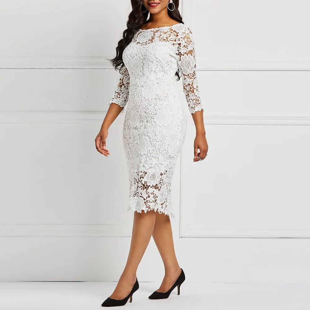 White See Through Hollow Out Floral Lace Bodycon Dress