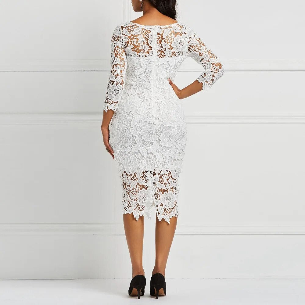 White See Through Hollow Out Floral Lace Bodycon Dress