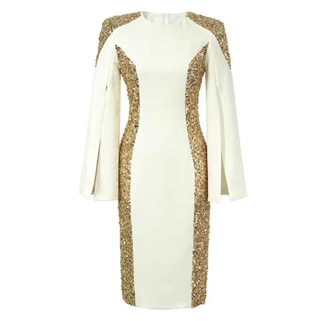 2023 Luxury Style Gold Sequins White Slim Dress