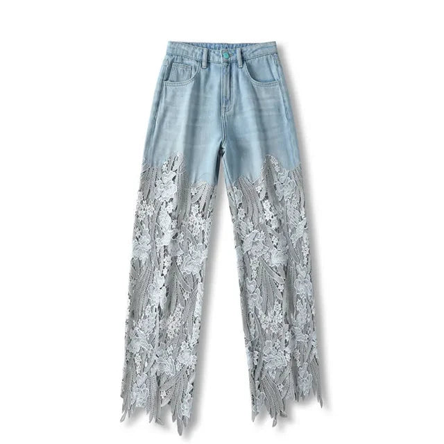 High Waist Lace Patchwork Hollow Out Irregular Jeans