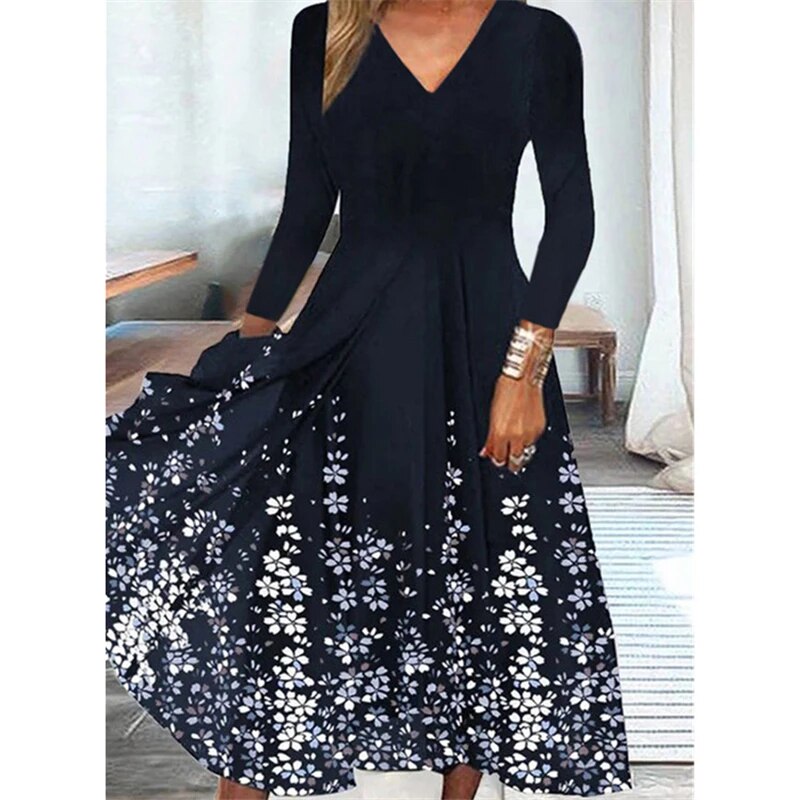 Fashion Print V Neck Long Sleeve Elegant Party Dresses