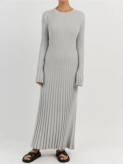 Elegant O Neck Long Sleeve Solid Ribbed Knitted Dress