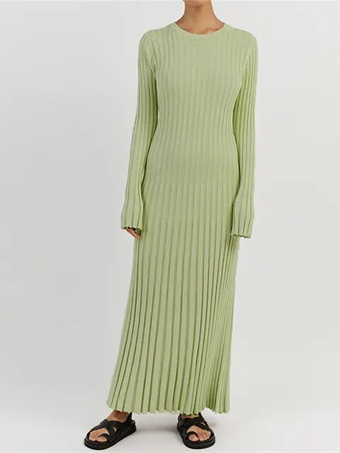 Elegant O Neck Long Sleeve Solid Ribbed Knitted Dress