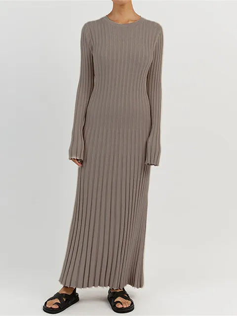 Elegant O Neck Long Sleeve Solid Ribbed Knitted Dress