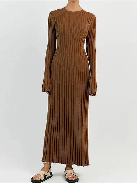 Elegant O Neck Long Sleeve Solid Ribbed Knitted Dress