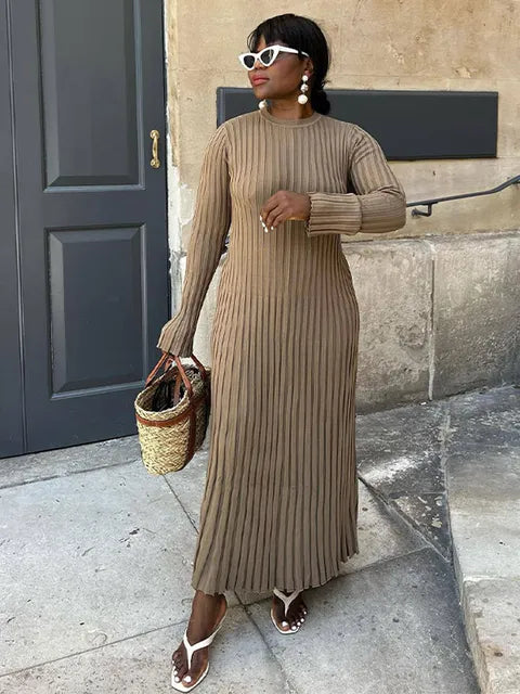 Elegant O Neck Long Sleeve Solid Ribbed Knitted Dress