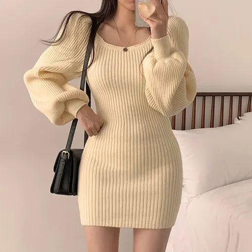 Elegant  Square Collar Long Lantern Sleeve Solid Knit Mini Dress