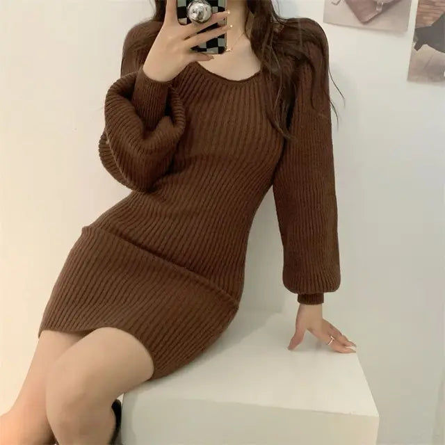 Elegant  Square Collar Long Lantern Sleeve Solid Knit Mini Dress