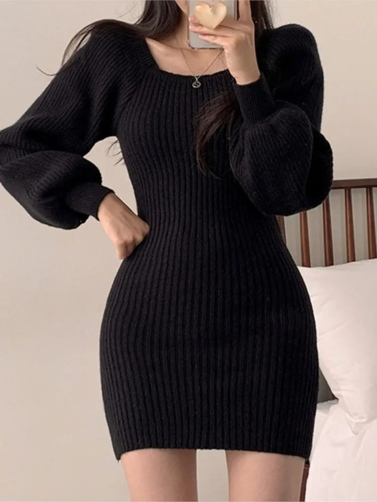 Elegant  Square Collar Long Lantern Sleeve Solid Knit Mini Dress