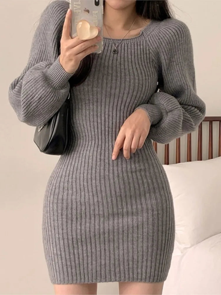 Elegant  Square Collar Long Lantern Sleeve Solid Knit Mini Dress