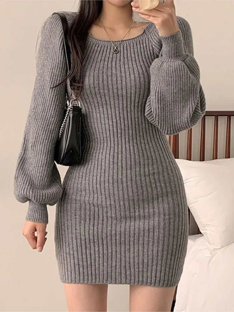Elegant  Square Collar Long Lantern Sleeve Solid Knit Mini Dress