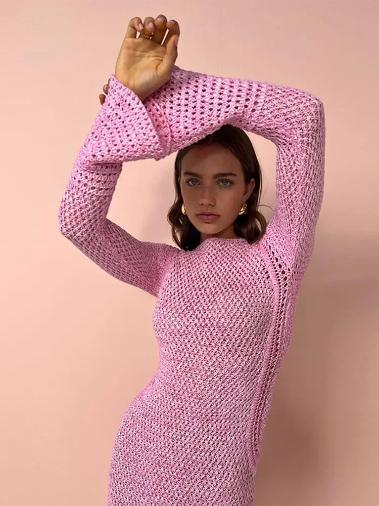 Elegant Long Sleeve Round Neck Maxi Crochet Knitted Dresses 2