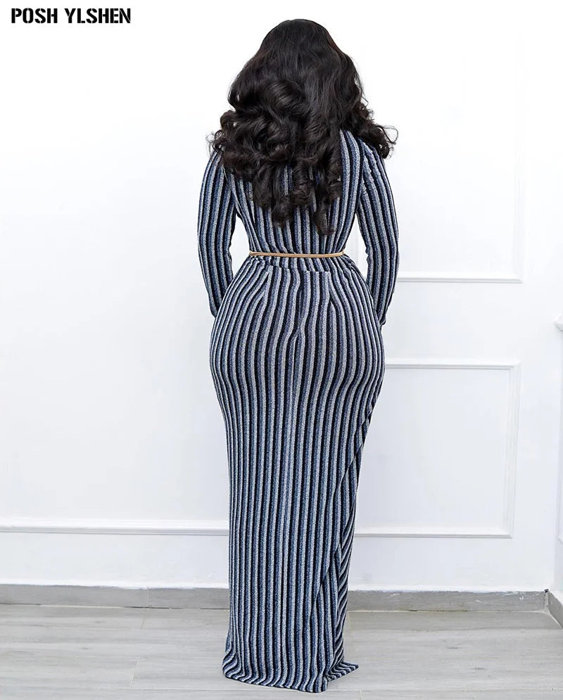 Filigree Stripe Sexy V-neck High Slit Long Bodycon Dress