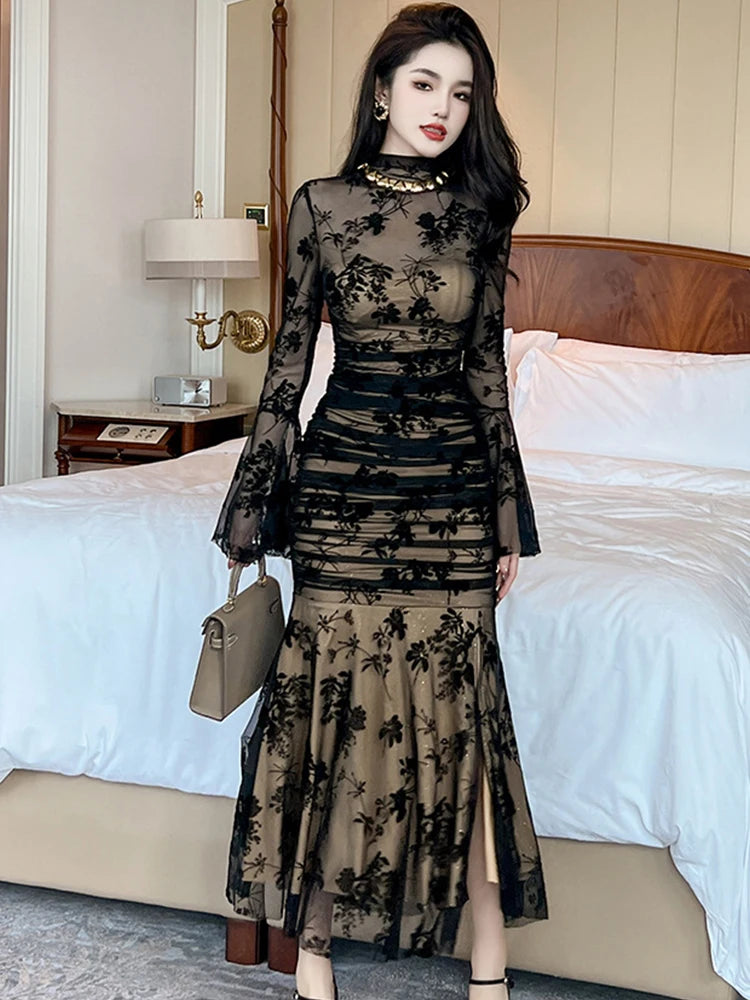 French Elegant Retro Black  Elastic Mesh Folds Wrap  Slit Fishtail Dress
