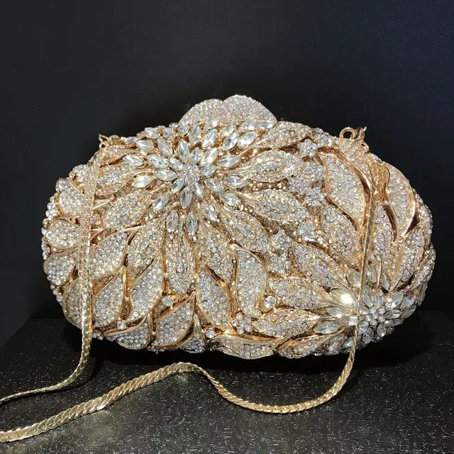 Gold Metal Leaves White Crystals Evening Clutch Bags