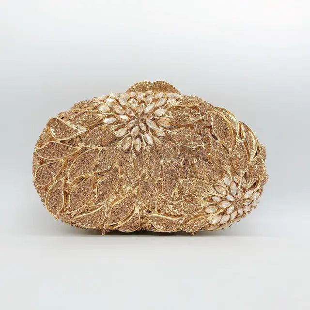 Gold Metal Leaves White Crystals Evening Clutch Bags