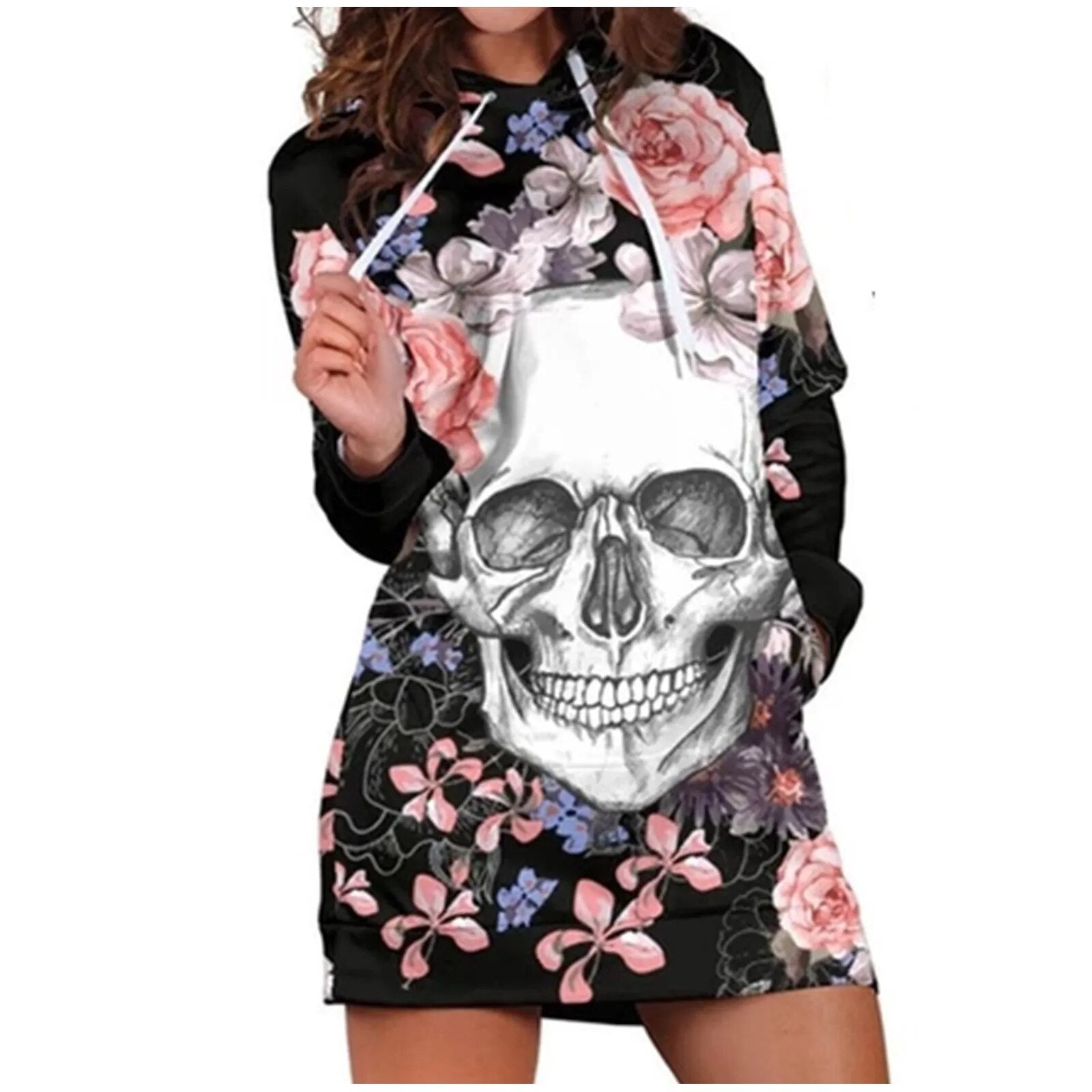 Gothic Hoodie  Skull Rose Print Long Sweatshirt Dress