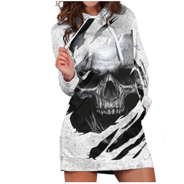 Gothic Hoodie  Skull Rose Print Long Sweatshirt Dress