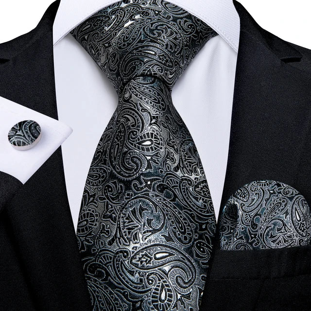 Gray Striped Paisley Silk 8cm Neck Tie Pocket Square Cufflinks Gift For Men