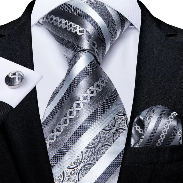 Gray Striped Paisley Silk 8cm Neck Tie Pocket Square Cufflinks Gift For Men